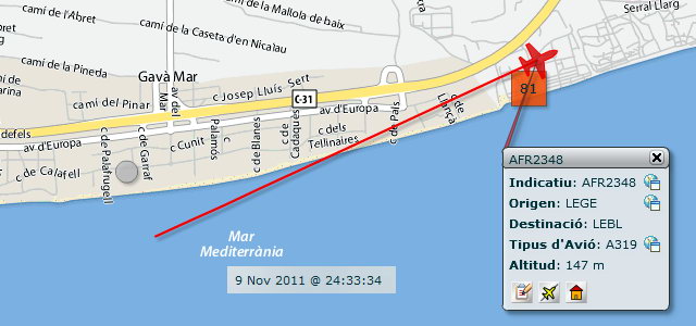 Avi� aproximant-se a l'aeroport de Barcelona-El Prat per aterrar a la tercera pista, en configuraci� est, sobrevolant Gav� Mar dins de l'horari nocturn i amb un elevad�ssim impacte ac�stic (9 Novembre 2011 - 00:33h)